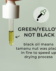 green/yellow not black black oil means tamanu nut was placed in fire to speed up drying process
