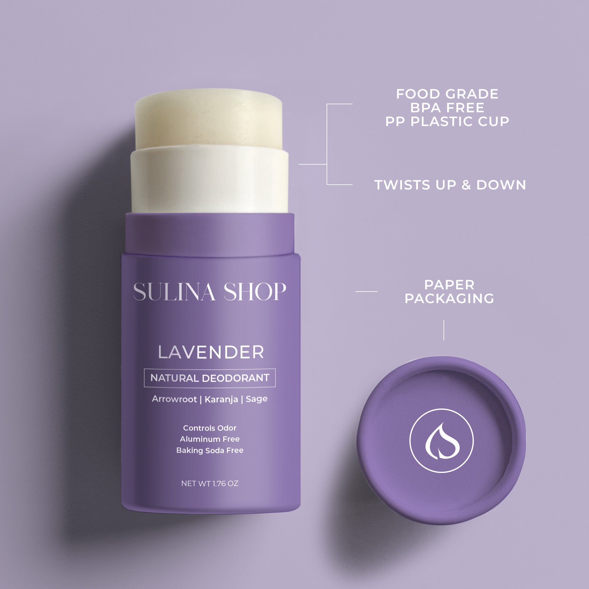 Natural Deodorant - Aluminum Free, Plastic Free - Lavender No